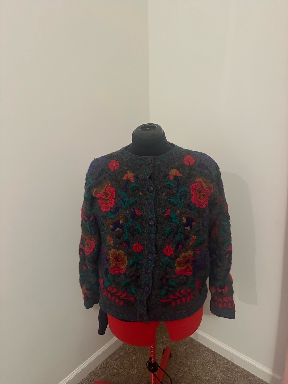 Monsoon Gray Teddy Jacket with Red, Green and Purple Floral Embroidery